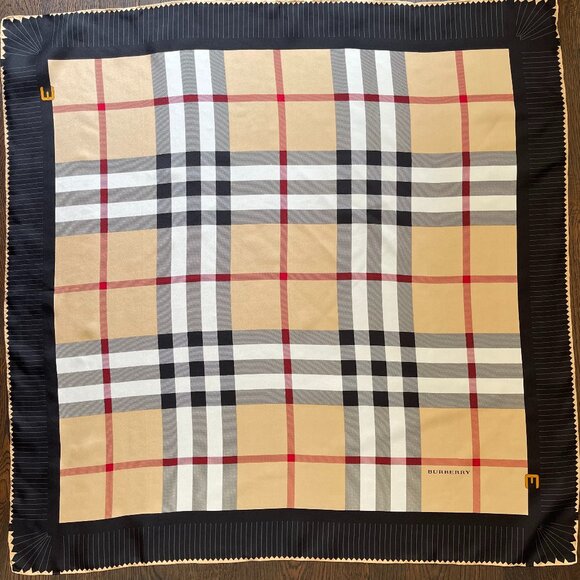NWT Burberry Beige Check Black Border Silk Scarf - Picture 7 of 16